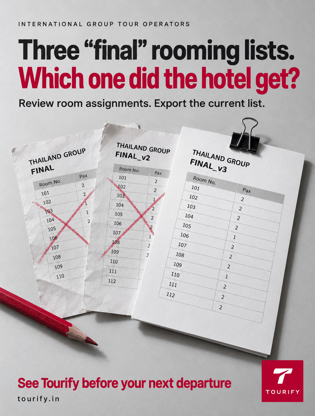 Three final rooming lists for one Thailand group. Review and export the current list in Tourify.
